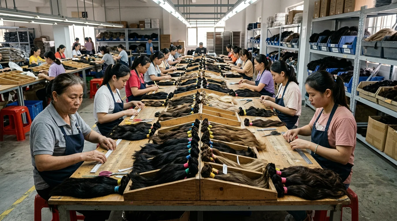 Hair sorting and grading at Source Wigs factory
